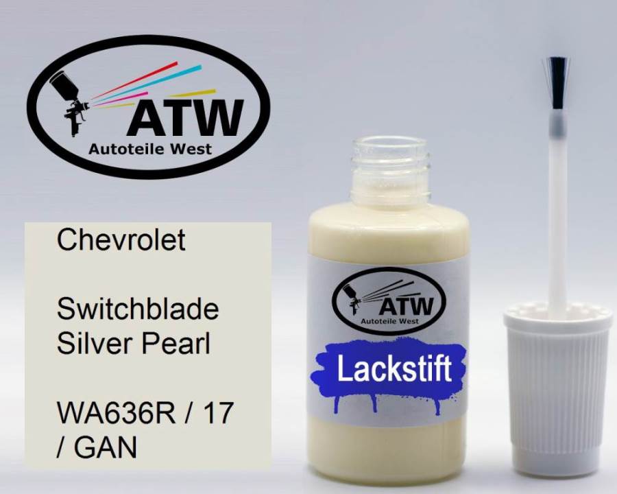 Chevrolet, Switchblade Silver Pearl, WA636R / 17 / GAN: 20ml Lackstift, von ATW Autoteile West.